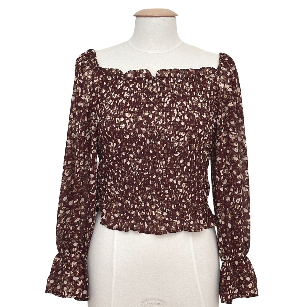 She Sky Women Top L Burgundy Smocked Confetti Dots Metallic Goblin Whimsigoth
